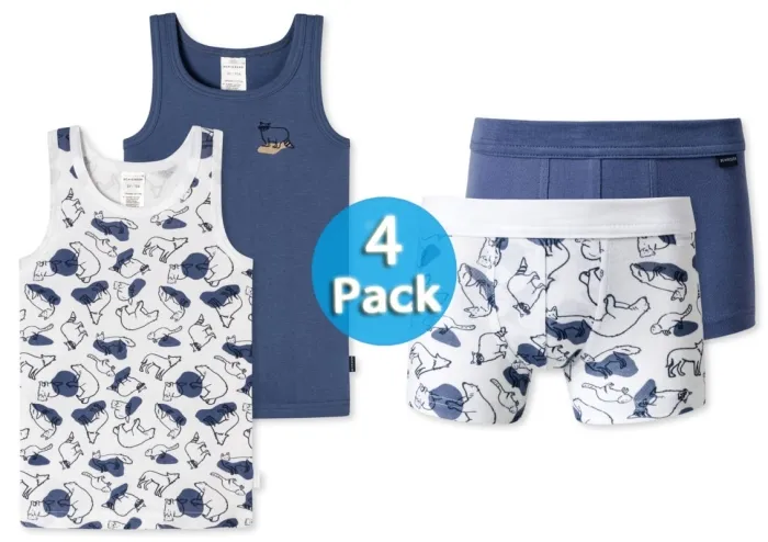 SCHIESSER Unterwäsche Set 4er Pack Jungen Shorts und Shirts - weiß und blau
