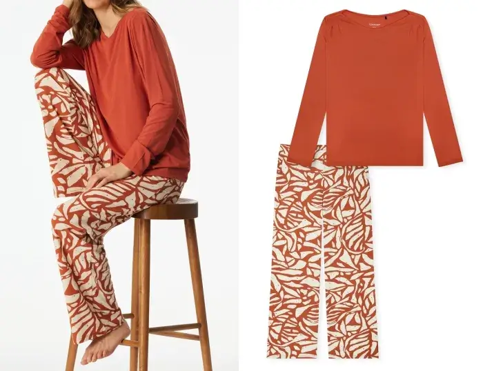 SCHIESSER Women's Selected Premium Long Pyjama Set - Terracotta-Cream