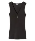 Schwarzes Damen Chemisette Top aus der SCHIESSER Revival Serie Agathe mit femininem Retro-Design, feinem Ajouré und floraler Spitze am Ausschnitt.