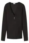 Schwarzes Damen-Langarmshirt aus der SCHIESSER Revival-Serie Agathe mit floraler Spitze, V-Ausschnitt und feinem Ajouré-Rippstoff.