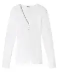 Elegantes weißes Damen-Langarmshirt aus der SCHIESSER Revival Serie Agathe mit floralem Spitzendekolleté, V-Ausschnitt und feinem Ajouré-Feinripp.
