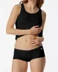 Schwarze SCHIESSER Damen Micro Pants aus der Revival-Kollektion Greta mit traditioneller Doppelripp-Struktur, Organic Cotton und Webgummibund mit blauen Zierstreifen.