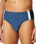 Blue men's swim briefs from the SCHIESSER Aqua collection featuring contrast stripes, drawstring waistband, inner lining and practical inside key pocket.