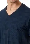 Short SCHIESSER men's pyjama in night blue featuring a checked top, V-neck, chest pocket and plain shorts made from soft single jersey fabric.