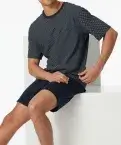 Short men's pyjama set in night blue from the SCHIESSER Comfort Essentials collection with patterned top, crew neck, chest pocket and soft single jersey fabric.
