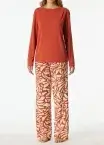 Long SCHIESSER women's pyjama set from the Selected Premium collection with terracotta top and patterned terracotta-cream trousers in premium modal quality.