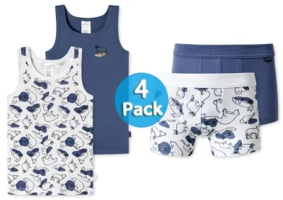 SCHIESSER Unterwäsche Set 4er Pack Jungen Shorts und Shirts - weiß und blau