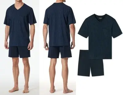 SCHIESSER Herren Shorty Schlafanzug Comfort Essentials mit kariertem Oberteil - Nachtblau