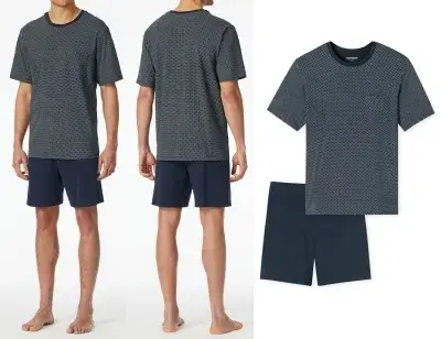 SCHIESSER Herren Kurzschlafanzug Comfort Essentials mit gemustertem Oberteil - Nachtblau
