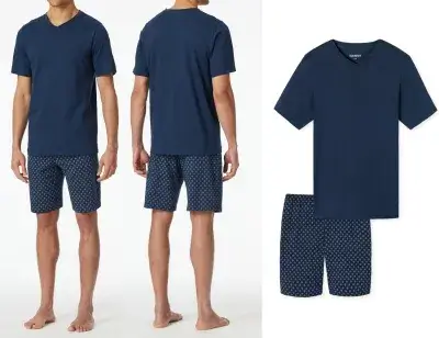 SCHIESSER Herren Kurzschlafanzug Casual Essentials mit gemusterter Hose - Admiral-Blau